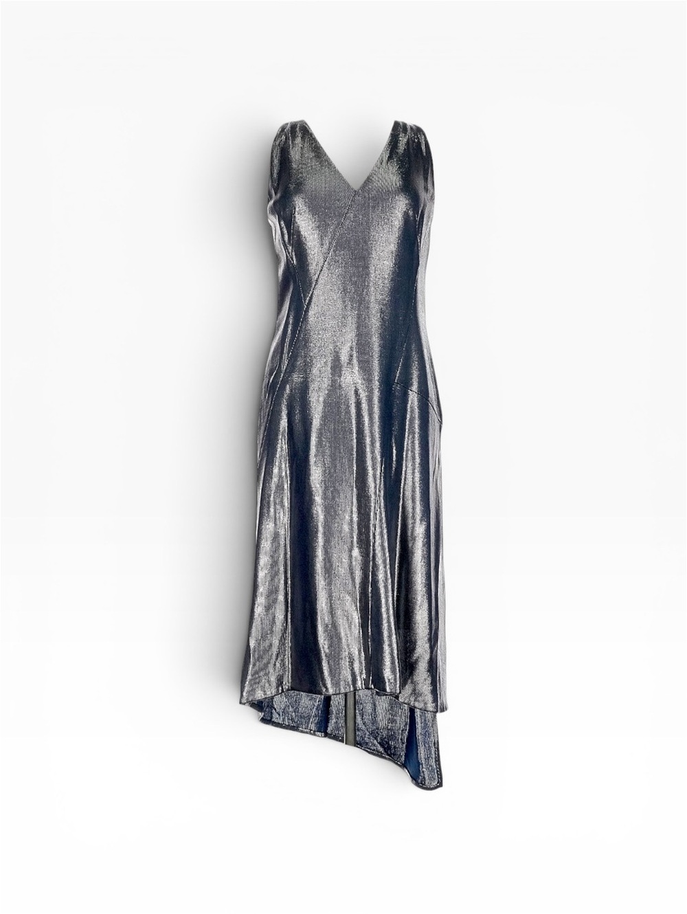 AKRIS Mainline NWT $2990 Metallic Lamé Iridescent Asymmetrical Dress Size 8